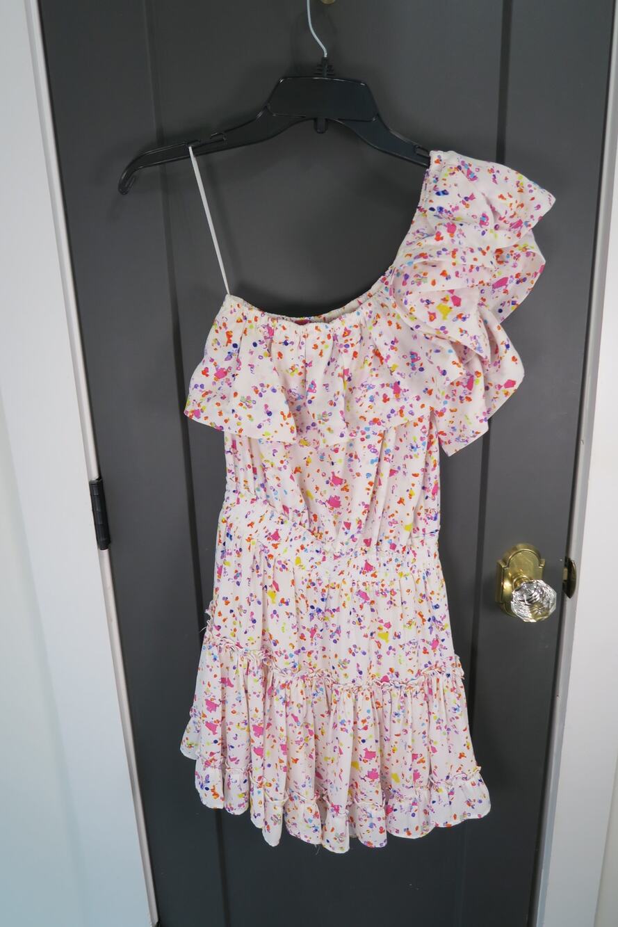 Buddy Love White Confetti Print One-Shoulder Ruffle Mini Dress
